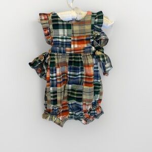 Kelly's Kids Plaid Baby Romper Bow Sides Ruffle Sleeve Orange Blue 12M